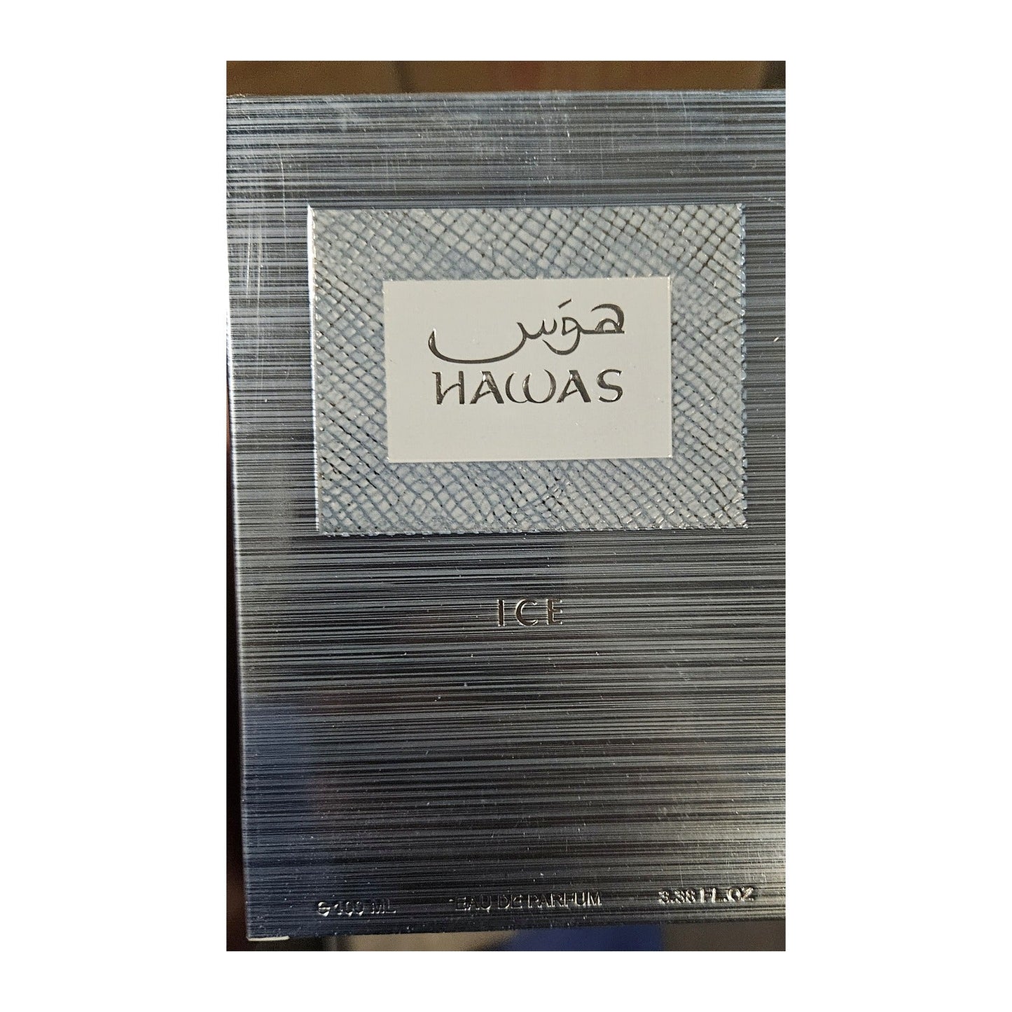 Hawas Ice Rasasi coffret reçu en stock, flacon argenté texture métallique