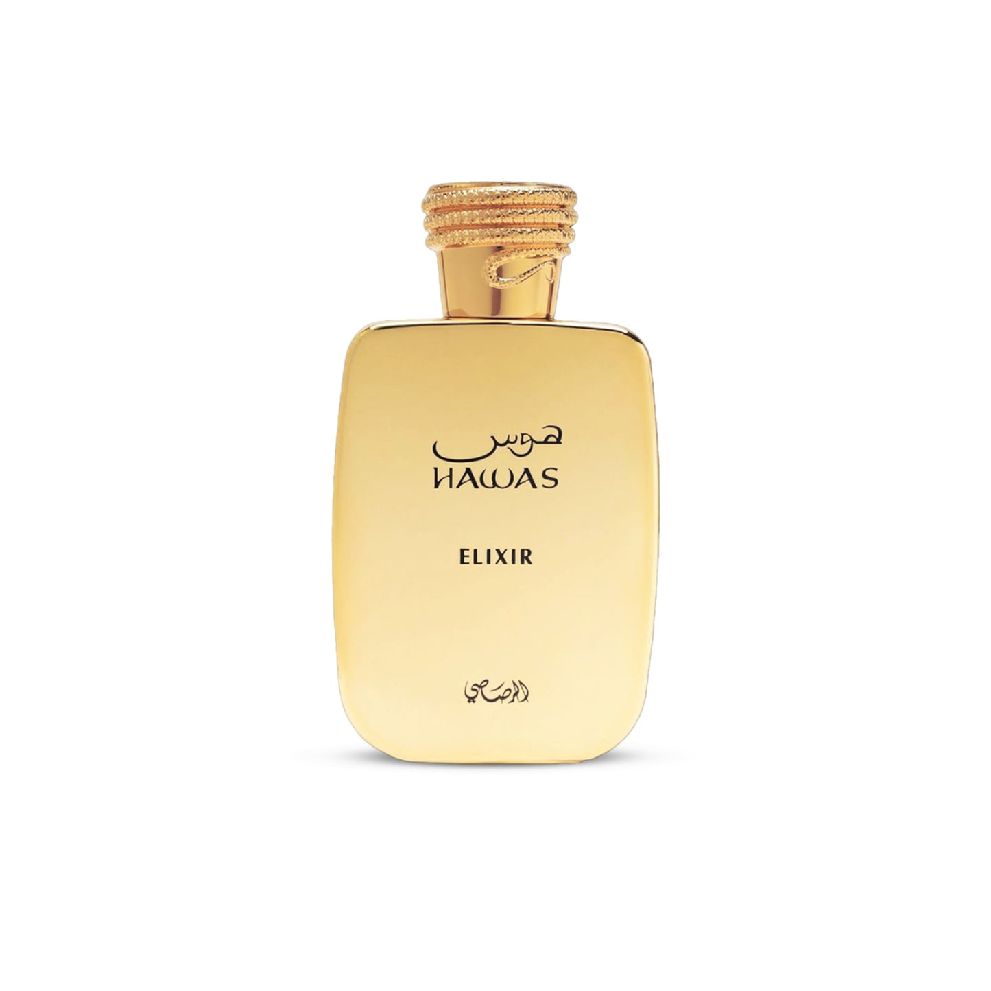 Flacon dore Hawas Elixir 100 ml eau de parfum Rasasi, accord chocolat vanille musc blanc
