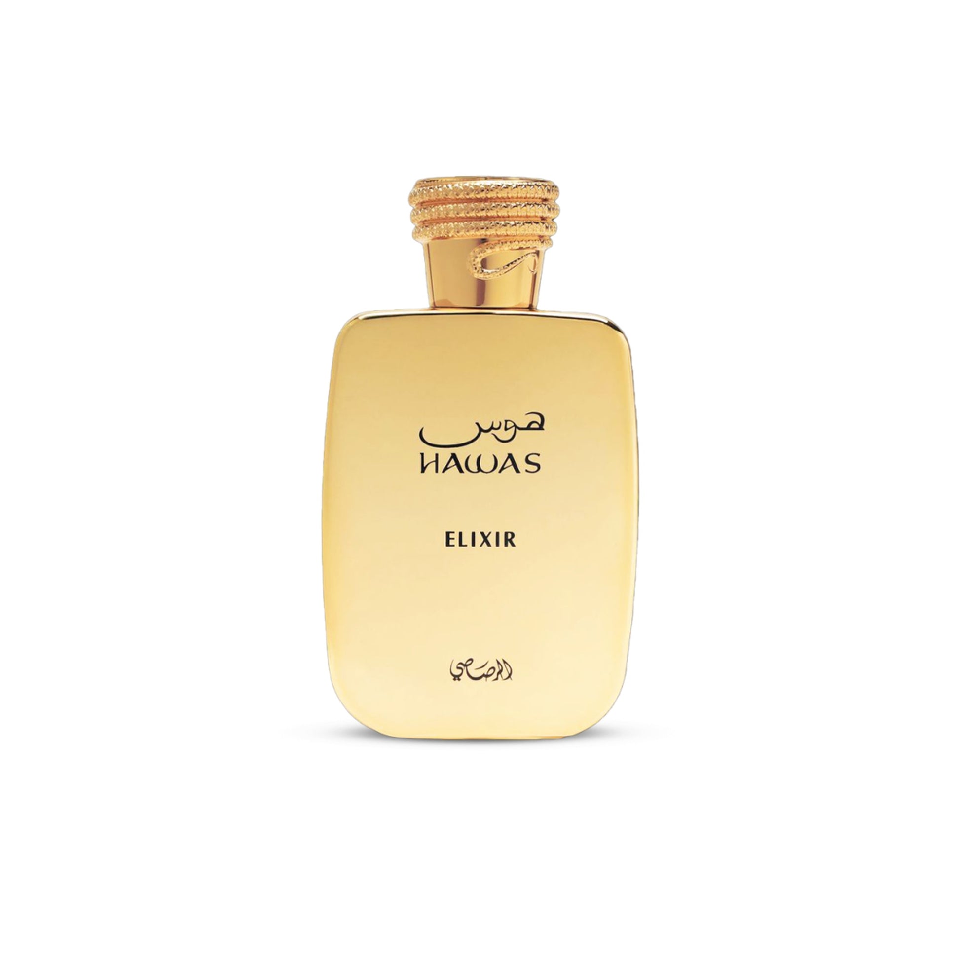 Flacon dore Hawas Elixir 100 ml eau de parfum Rasasi, accord chocolat vanille musc blanc