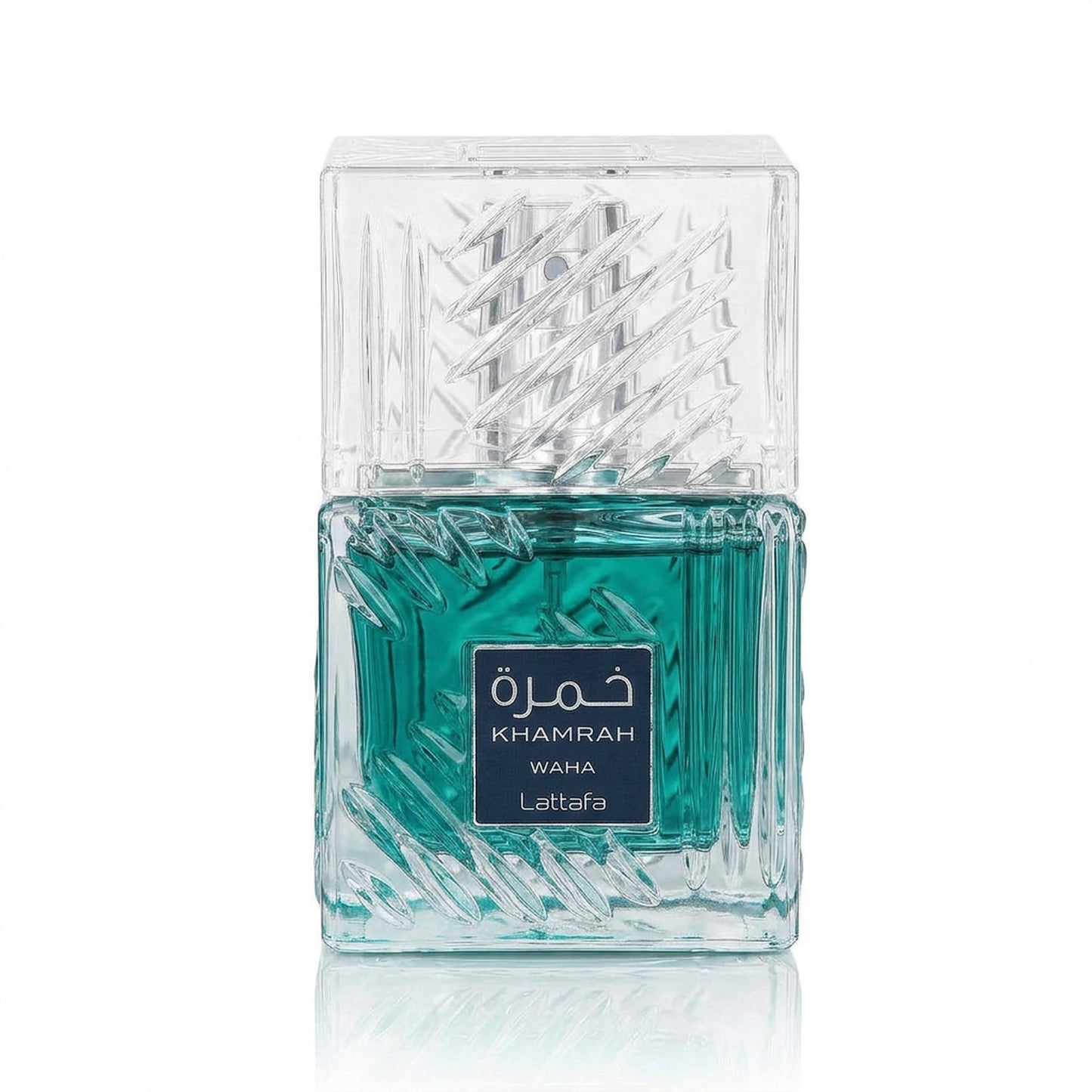 Flacon Khamrah Waha Lattafa eau de parfum 100 ml turquoise sur fond blanc