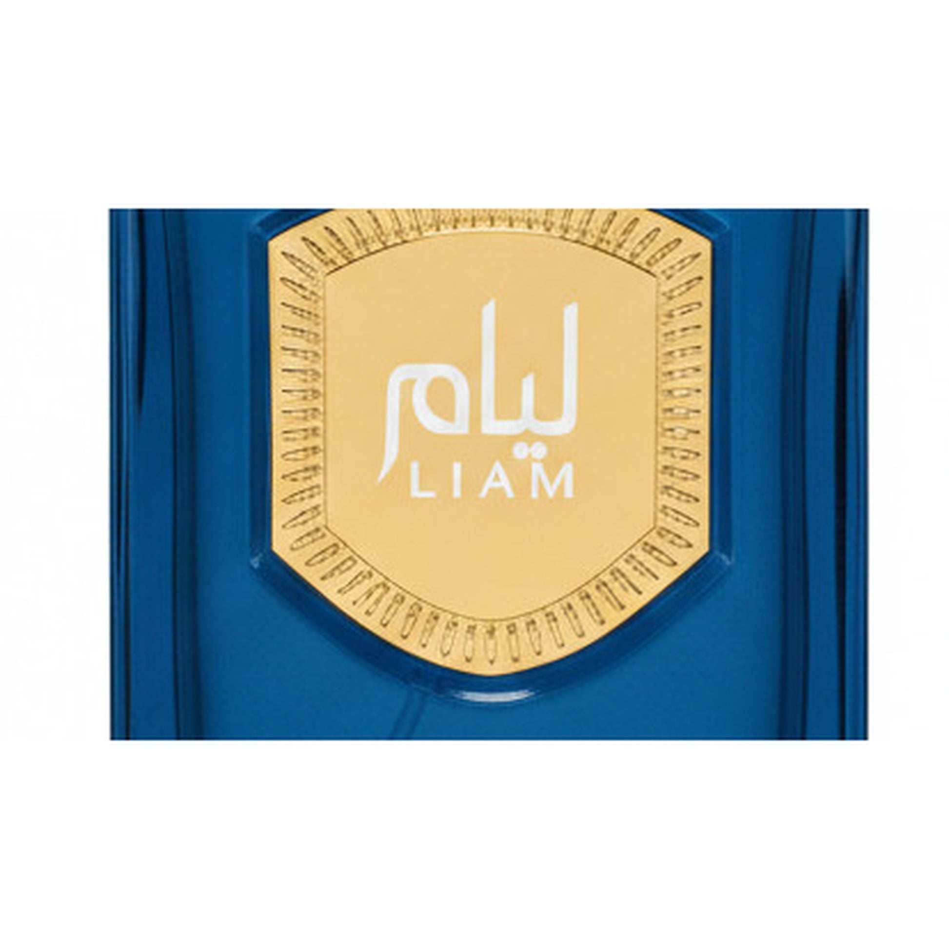 Wadi Al Khaleej Liam Blue Shine Eau de Parfum 100ml - emblème doré gros plan