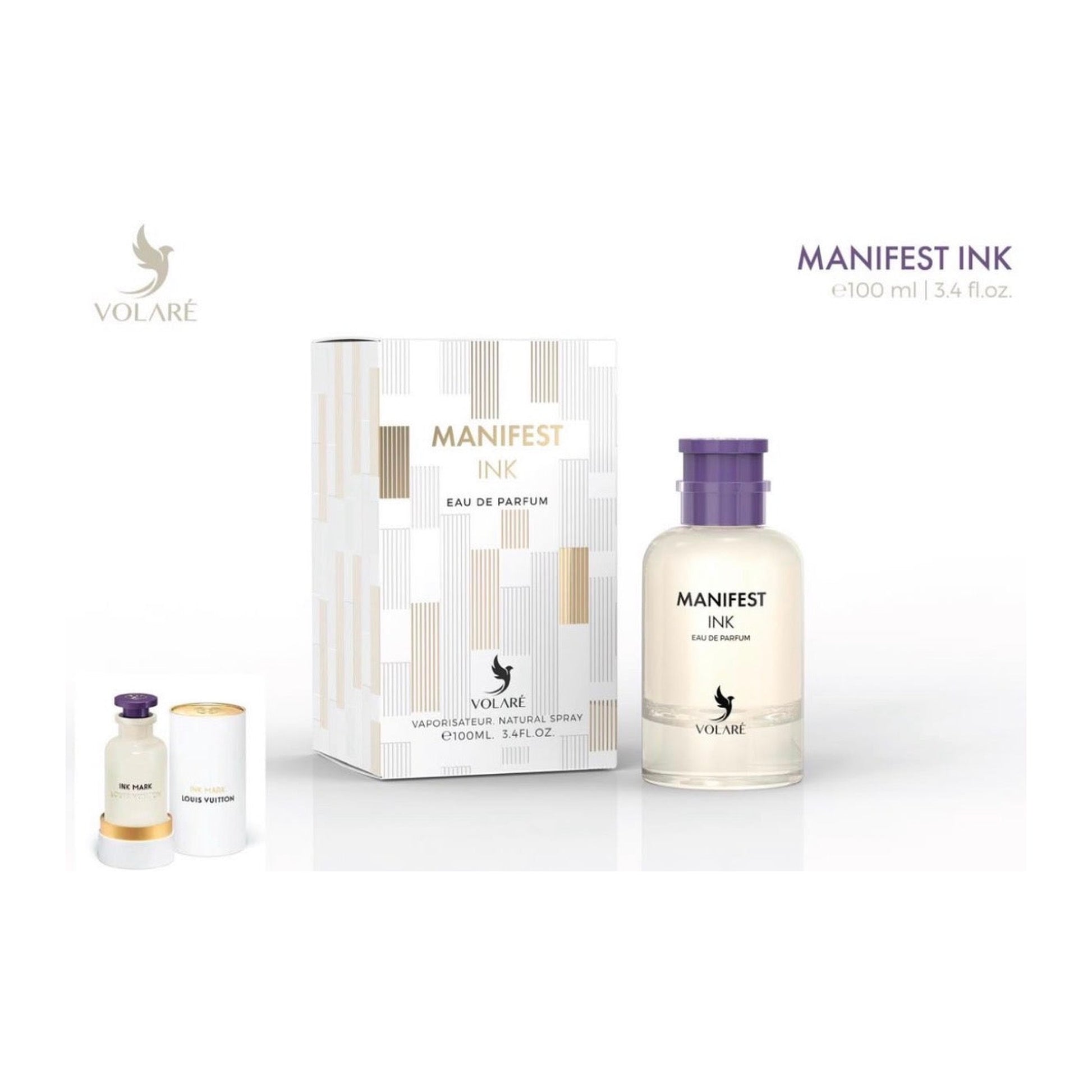 Flacon Manifest Ink 100 ml eau de parfum Volaré, parfum boise cuire mixte