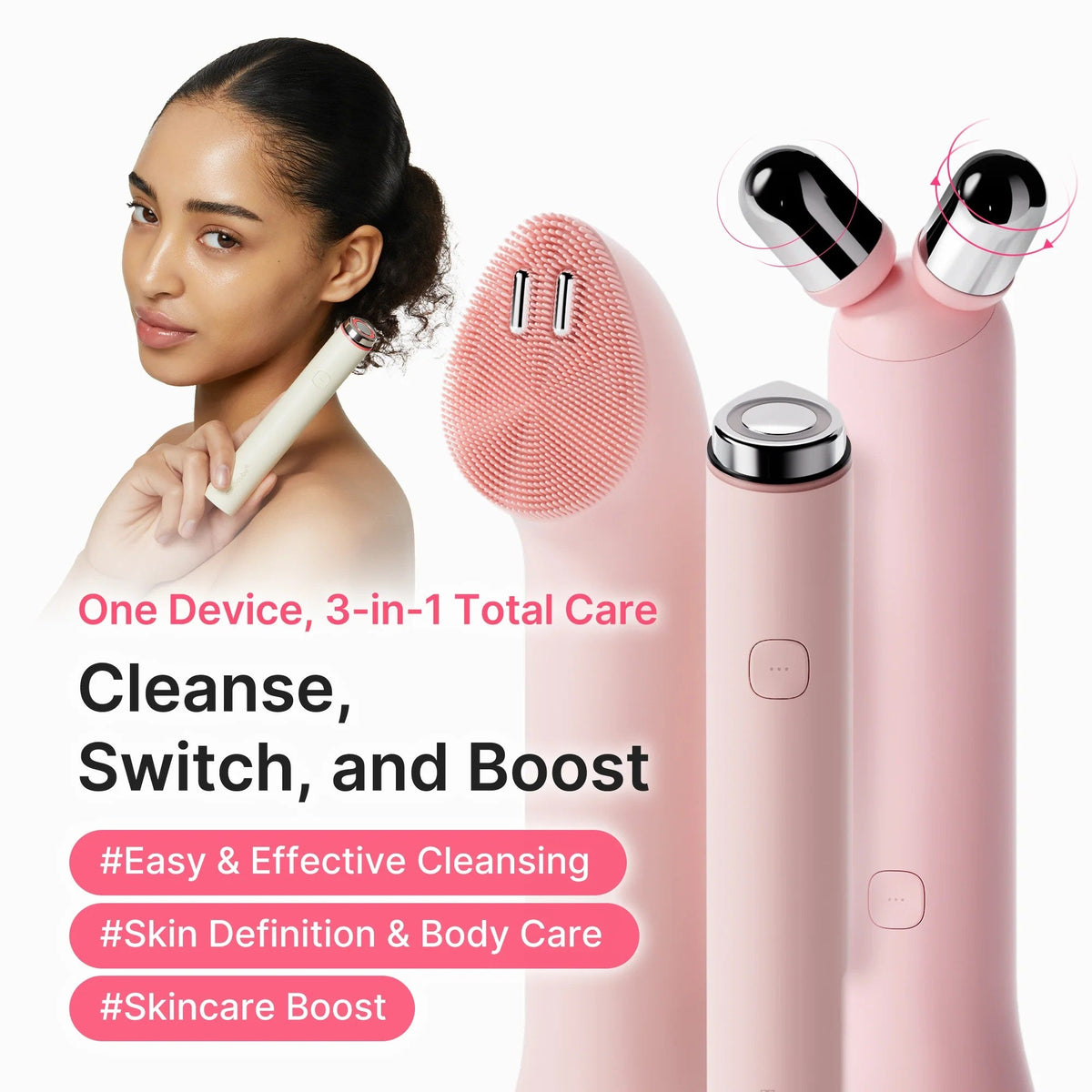 Appareil de beauté Medicube Mini Plus rose, détail du bouton et de l'emballage