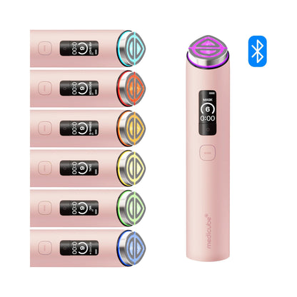 Appareil de beauté Medicube Booster Pro X2 rose, détail de l'emballage et des commandes