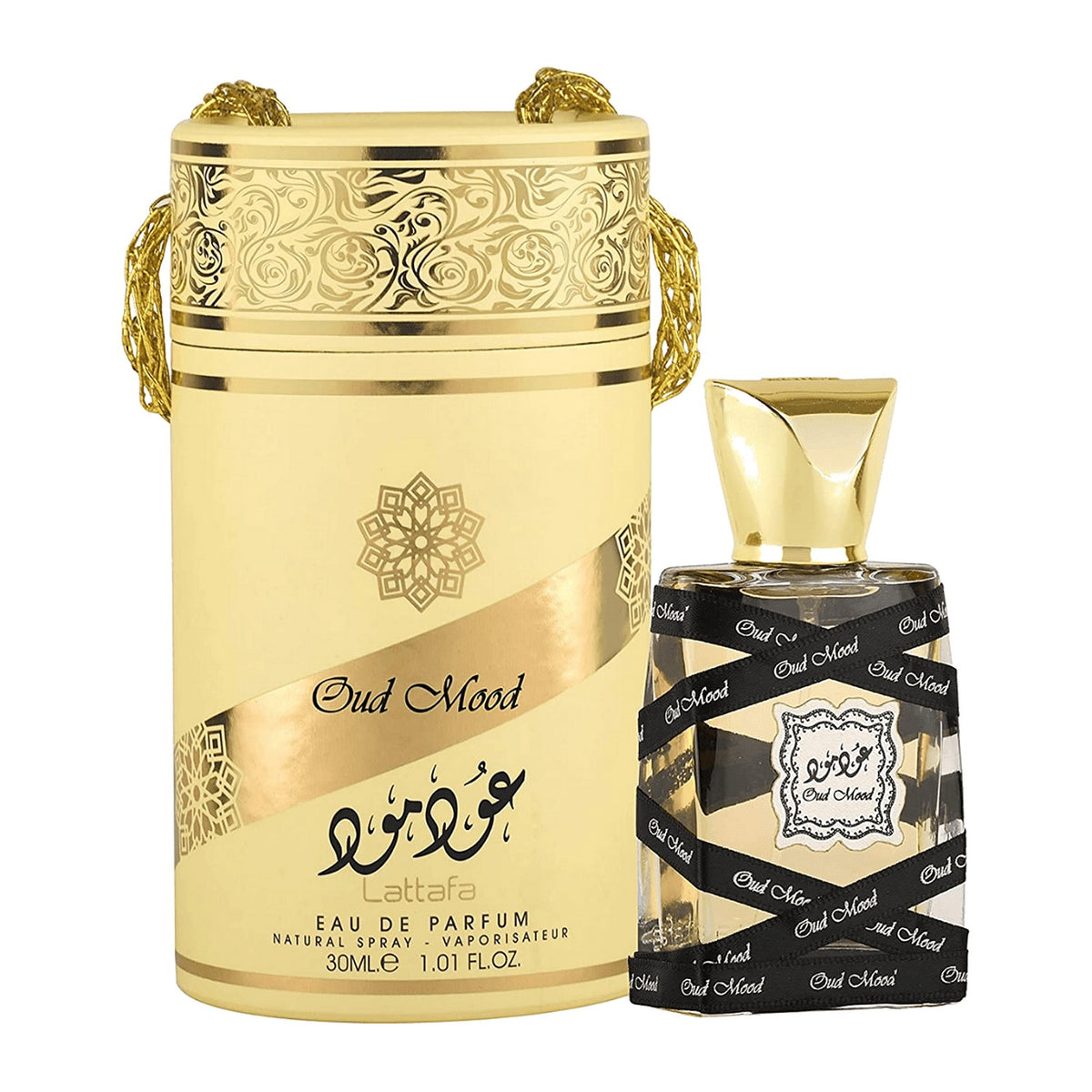 Oud Mood Eau de Parfum 30 ml - Lattafa, flacon et étui cylindrique doré - PARFUM DUBAI STORE
