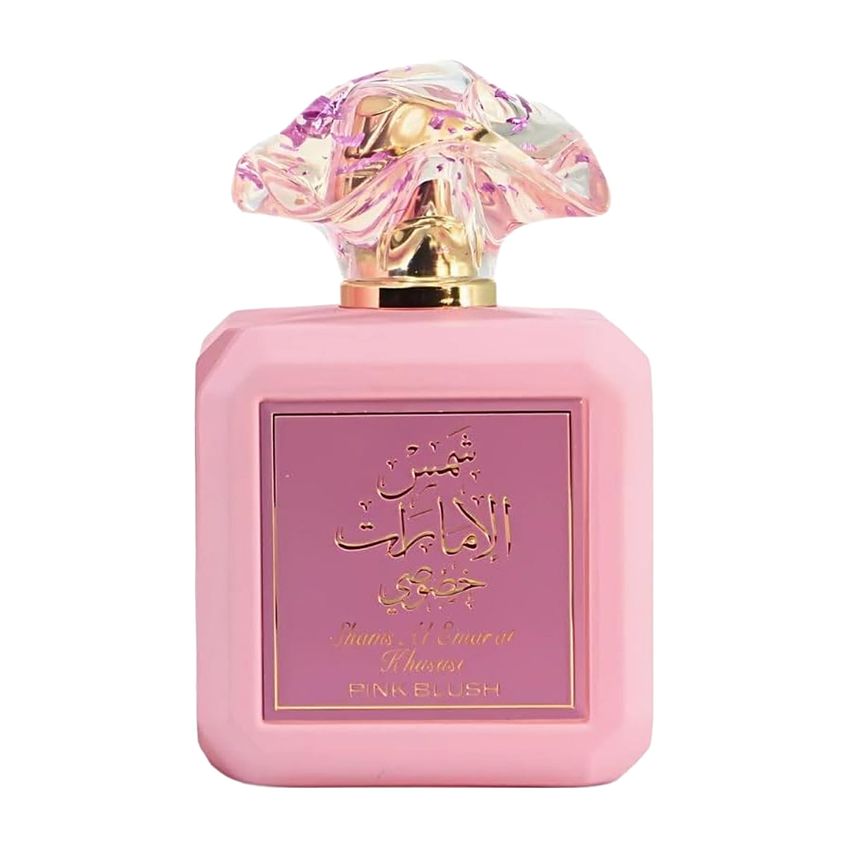 Flacon rose facetté Pink Blush Shams Al Emarat Khususi d'Ard Al Zaafaran, bouchon en forme de fleur