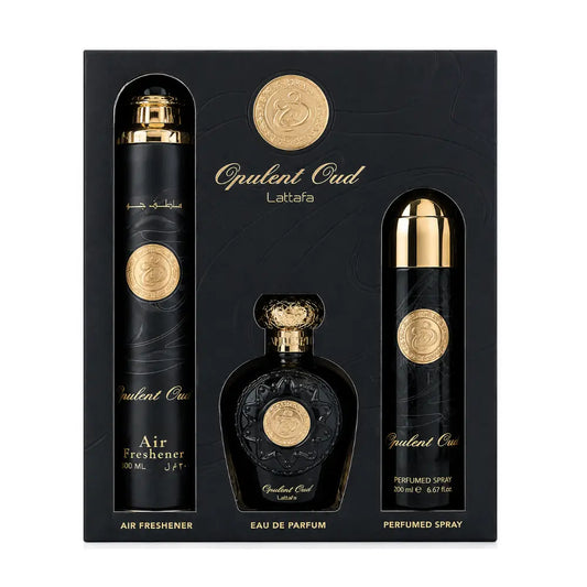 Coffret Opulent Oud Lattafa : eau de parfum, spray parfumé et désodorisant