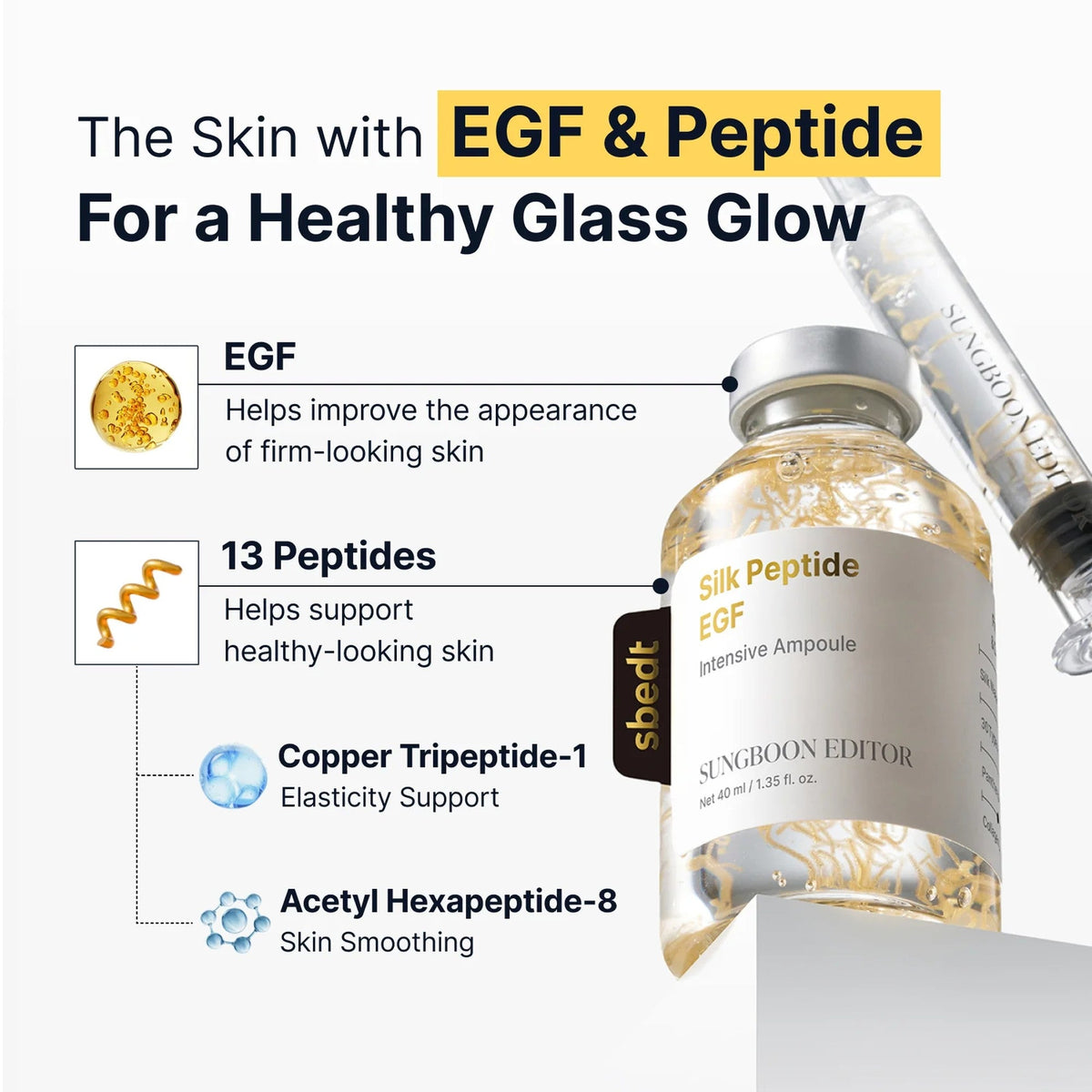 Flacon de l'ampoule anti-âge Sungboon Editor Silk Peptide EGF, vue de profil