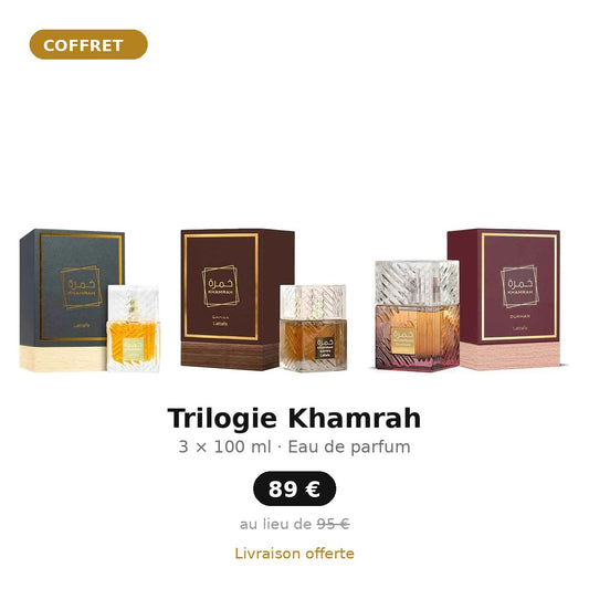 Trilogie Khamrah Lattafa : Khamrah, Khamrah Qahwa et Khamrah Dukhan 100 ml, coffret 3 parfums