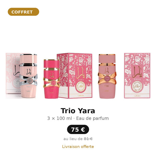 Trio Yara Lattafa : Yara Pink, Yara Candy et Yara Elixir 100 ml, coffret 3 parfums femme